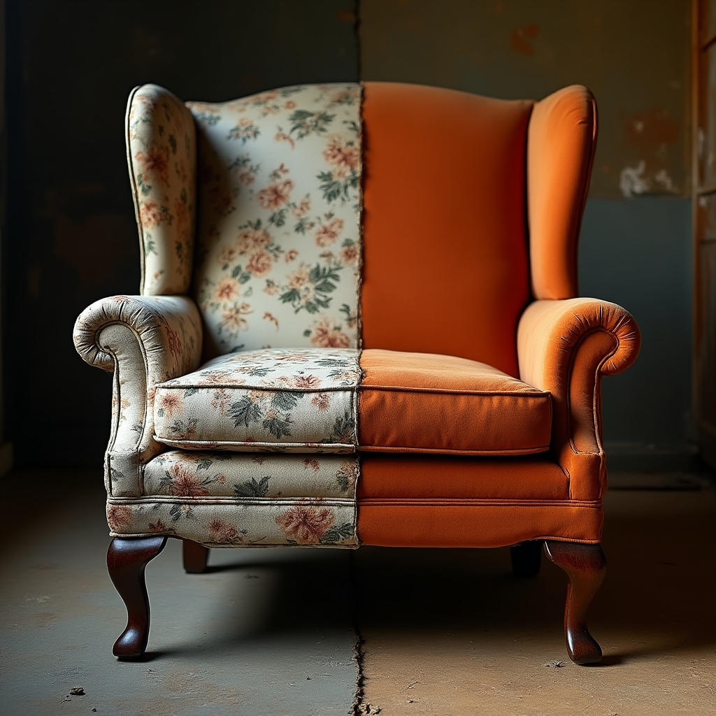 Side by side comparison of a worn armchair before restoration and reupholstered after restoration