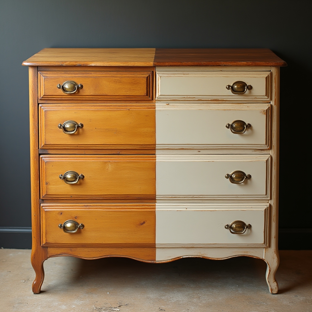 Side by side comparison of a scratched wooden dresser before refinishing and repainted after refinishing