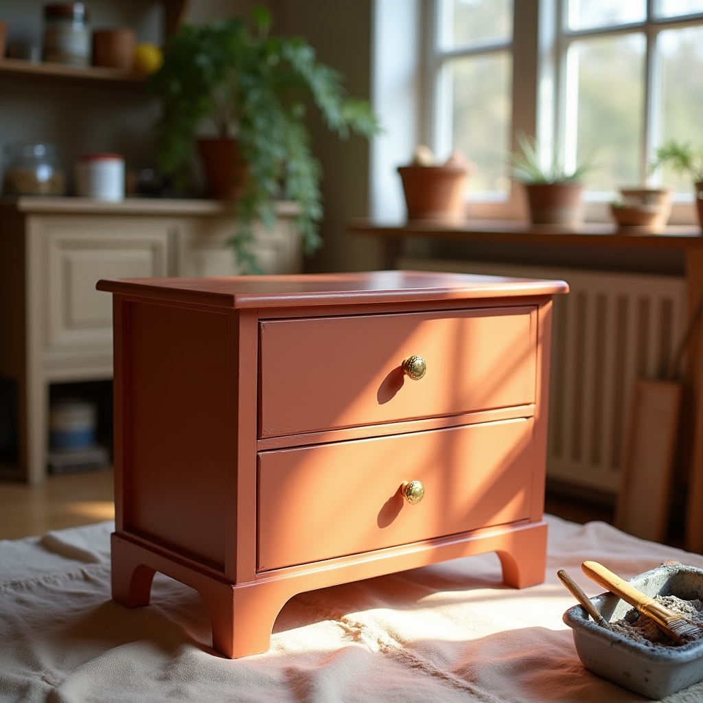 Freshly repainted cabinet with new brass hardware in a bright room