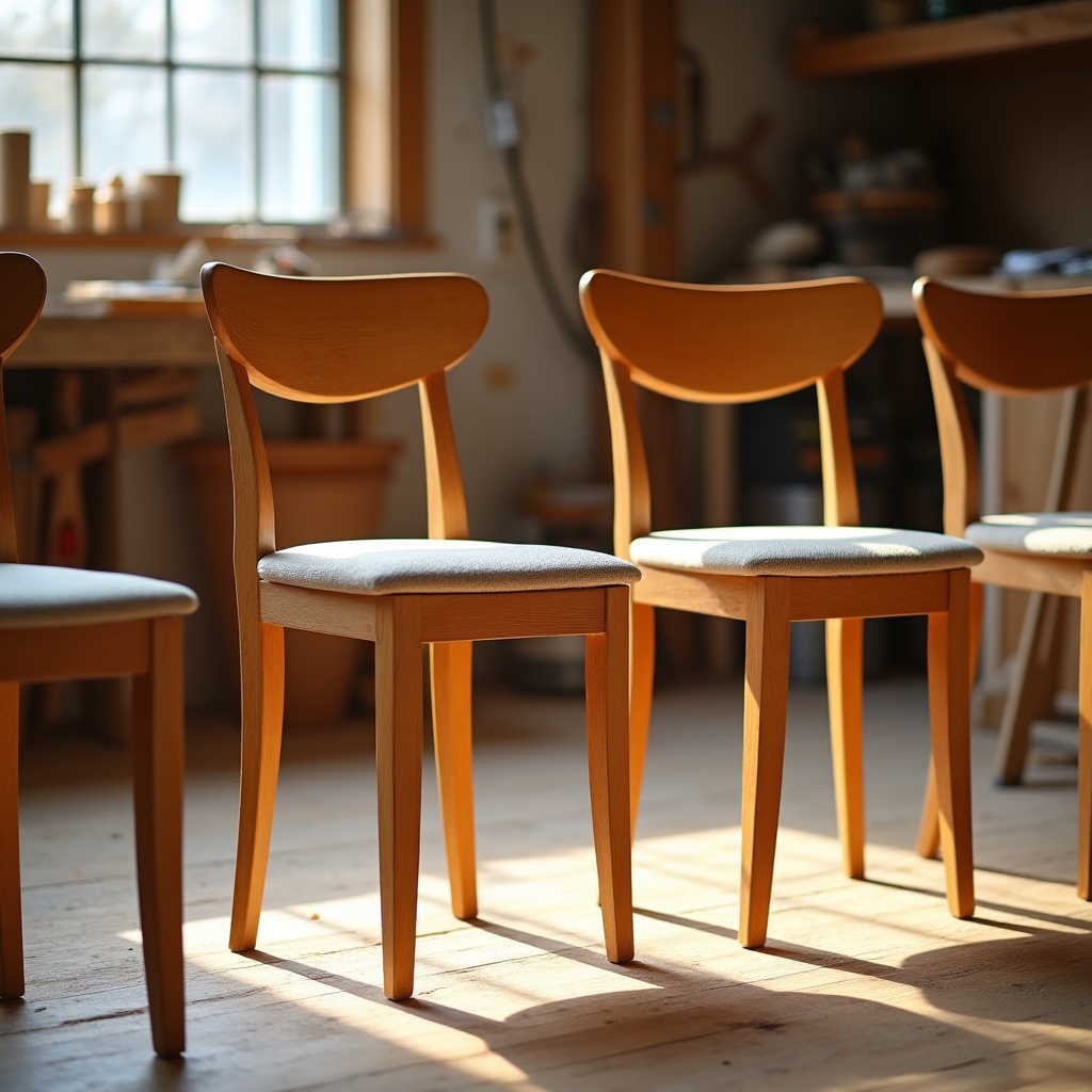 Set of wooden dining chairs with new upholstered seat cushions in a workshop
