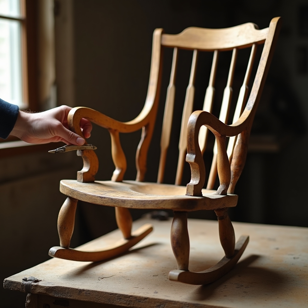Antique wooden rocking chair being carefully restored on a workbench
