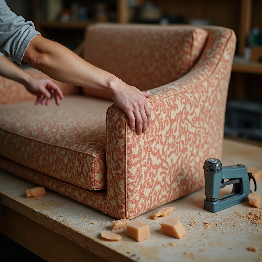 Sofa mid-reupholstery with new patterned fabric being fitted over the frame