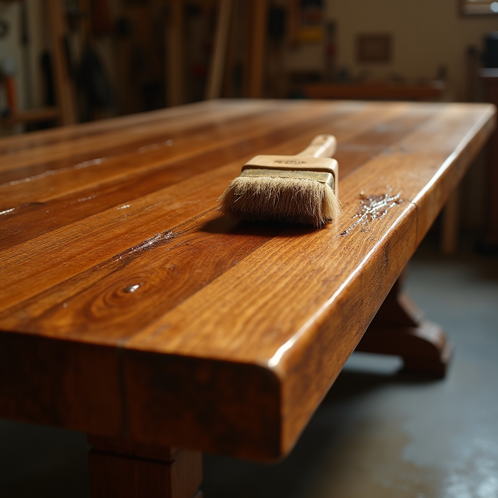 Refinished wooden dining table with fresh stain drying under workshop light