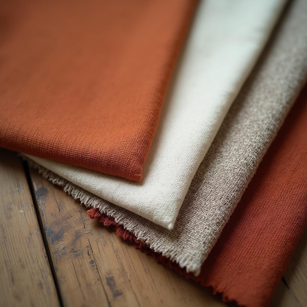 Fanned selection of upholstery fabric swatches in warm tones