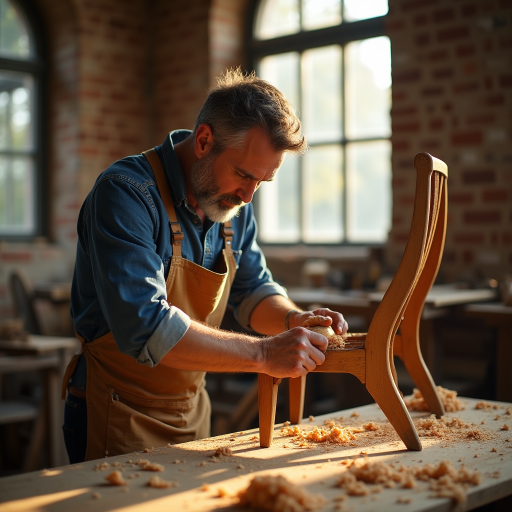 Craftsman hand-sanding a wooden chair frame in a sunlit restoration workshop