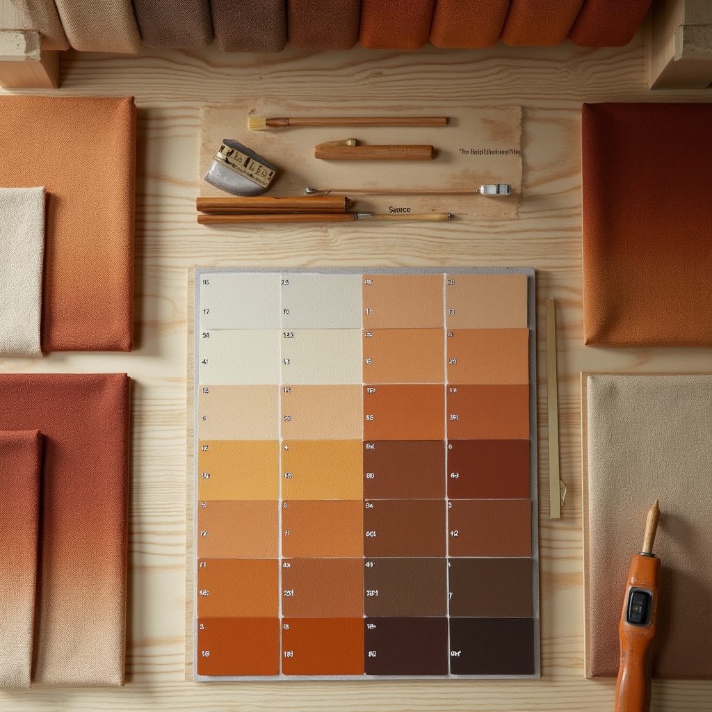 Selection of upholstery fabric samples and wood stain color swatches arranged on a workbench