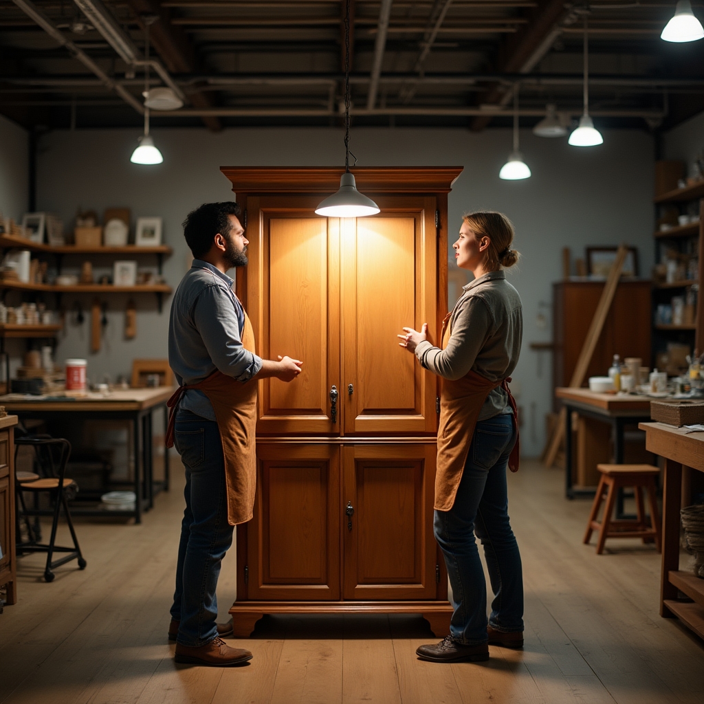 Two furniture restorers working together to sand and refinish a wooden cabinet in the studio