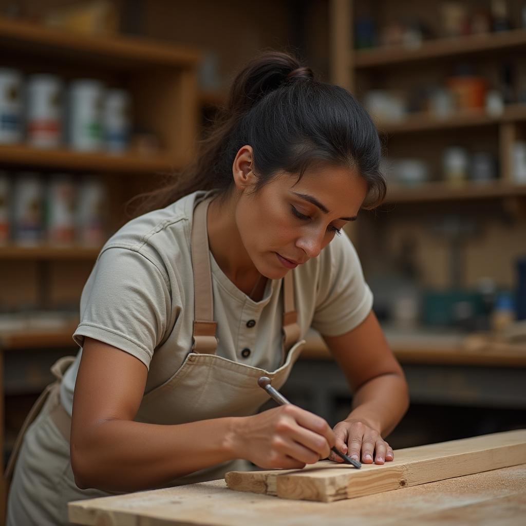 Furniture restorer examining a wooden chair joint at a workbench covered in tools